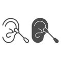 Ear and ear stick line and solid icon, Hygiene routine concept, Cotton swab sign on white background, ear cleaner icon
