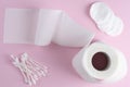 Ear sticks, cotton pads and toilet paper roll Royalty Free Stock Photo