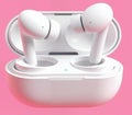 Earbuds white 3d render pink colour background Royalty Free Stock Photo