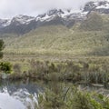 Earl Mountains range woody slopes reflect in Mirror lakes water, Fiordland Park, New Zealand Royalty Free Stock Photo