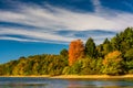 Early autumn color on the shore of Lake Marburg, in Codorus Stat Royalty Free Stock Photo