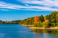 Early autumn color on the shore of Lake Marburg, in Codorus Stat Royalty Free Stock Photo