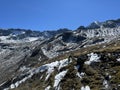 Early autumn remains of the alpine glacier Vardet da Grialetsch in the Albula Alps mountain massif, Zernez