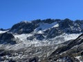 Early autumn remains of the alpine glacier Vardet da Grialetsch in the Albula Alps mountain massif, Zernez