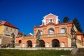 Early baroque red and white sala terrena or garden hall near castle, terrace and arcaded corridor with statues, Clock Museum,