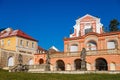 Early baroque red and white sala terrena or garden hall near castle, terrace and arcaded corridor with statues, Clock Museum,