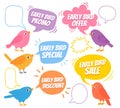 Early birds. Trendy design with bird and speech bubble, special offer sale, promotion market, discount advertising price Royalty Free Stock Photo