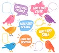 Early birds. Trendy design with bird and speech bubble, special offer sale, promotion market, discount advertising price cartoon