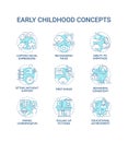 Early childhood development turquoise concept icons set