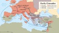 Early Crusades, history map of the first four Crusades to the Holy Land