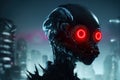 3D rendering a cyberpunk scary creature with red luminous eyes in a night scene.