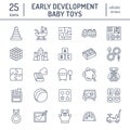 Early development baby toys flat line icons. Play mat, sorting block, busy board, carriage, toy car, kids railroad, maze