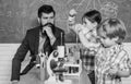 Early development of children. back to school. microscope optical instrument at science classroom. happy children