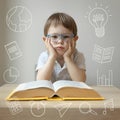 early education concept, bored, tired child at the desk, knowledge pictograms around Royalty Free Stock Photo