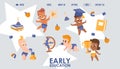 Early education website design, vector illustration. Kindergarten landing page template, cute babies playing with school