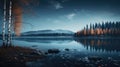 Early evening view of the lake and autumn forest