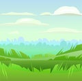 Early foggy morning. Rural landscape. Horizontal village nature illustration. Cute country. Flat style. Vector