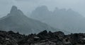 Early foggy and rainy morning shot of picturesque Dolomite Alps view near Tre Cime di Lavaredo formation in South Tyrol, Italy. Royalty Free Stock Photo