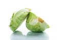 Early green cabbage cut in half swing on a white background Royalty Free Stock Photo