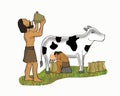 Early humans flushed and drank cow`s milk cartoon Royalty Free Stock Photo