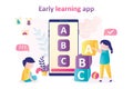 Early learning app on smartphone screen. Boy and girl playing with blocks. Kids learn alphabet using application. Children plays Royalty Free Stock Photo