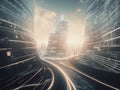 Abstract highway path with led light through digital binary towers modern city, futuristic technology, hyper loop generative AI