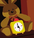 Early morning. Alarm clock. Big soft toy hare and clock by the bed.