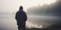 Early Morning Angler Contemplating the Foggy Lake at the Shore