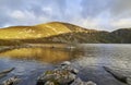 The early morning Autumn light falling across the Mountain overlooking Loch Brandy at Glen Clova. Royalty Free Stock Photo