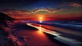 Early Morning Beach, Red Ocean, Sea Sunrise, Sunset Landscape, Abstract Generative AI Illustration Royalty Free Stock Photo