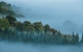 Early morning beautiful Chianti region, Tuscany hills misty landscape view. Spruce and cypress trees sinking in foggy clouds on Royalty Free Stock Photo