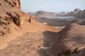 Early morning in the bizzare landscape of Lut desert, the hottest place on earth. Bizzare geological shapes rise from Royalty Free Stock Photo