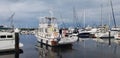 Early morning boat trawler marina