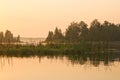 Early morning, calm water surface, fog over the lake. Summer landscape. Royalty Free Stock Photo