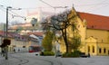 Early morning in center of Bratislava with tramline