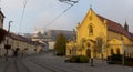 Early morning in center of Bratislava with tramline