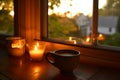 early morning coffee, candlelit room presunrise Royalty Free Stock Photo