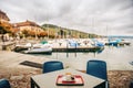 Early morning coffee relaxing on a small port of Lake Geneva Royalty Free Stock Photo