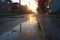 early morning dew on recently swept pavement