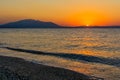 Early morning , dramatic sunrise over sea and mountain. Photographed in Asprovalta, Greece. Royalty Free Stock Photo