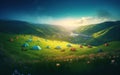 Early Morning or evening spring, beautiful small villages, patchwork tents, green grass, green hills, fireflies, gradient effect p