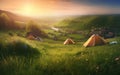 Early Morning or evening spring, beautiful small villages, patchwork tents, green grass, green hills, fireflies, gradient effect p