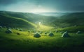 Early Morning or evening spring, beautiful small villages, patchwork tents, green grass, green hills, fireflies, gradient effect p