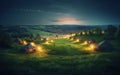 Early Morning or evening spring, beautiful small villages, patchwork tents, green grass, green hills, fireflies, gradient effect p