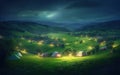 Early Morning or evening spring, beautiful small villages, patchwork tents, green grass, green hills, fireflies, gradient effect p