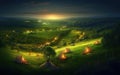 Early Morning or evening spring, beautiful small villages, patchwork tents, green grass, green hills, fireflies, gradient effect p