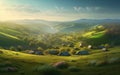 Early Morning or evening spring, beautiful small villages, patchwork tents, green grass, green hills, fireflies, gradient effect p