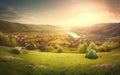 Early Morning or evening spring, beautiful small villages, patchwork tents, green grass, green hills, fireflies, gradient effect p