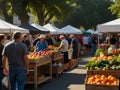 early morning farmers market scene, bustling with vendors and customers.