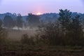 Early morning fog during spectacular colored sunrise at the Brunsummerheide Royalty Free Stock Photo